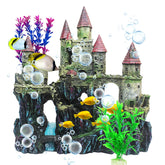 MUYG aquarium castle with red resin decor and vibrant plants enhances tank aesthetics