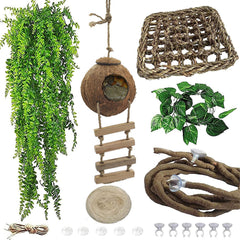MUYG crested gecko coconut hut with ladder provides natural hideout and safe climbing area.