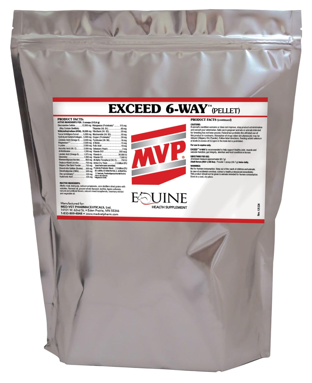 MVP Exceed six-way pellets packaging highlights convenience and dosing for barn use.