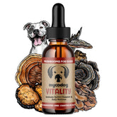 MycoDog Vitality bottle with turkey tail mushrooms supports daily immune health for dogs.