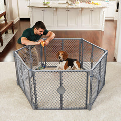 Six-panel layout showing 18.5 sq ft play area for dogs
