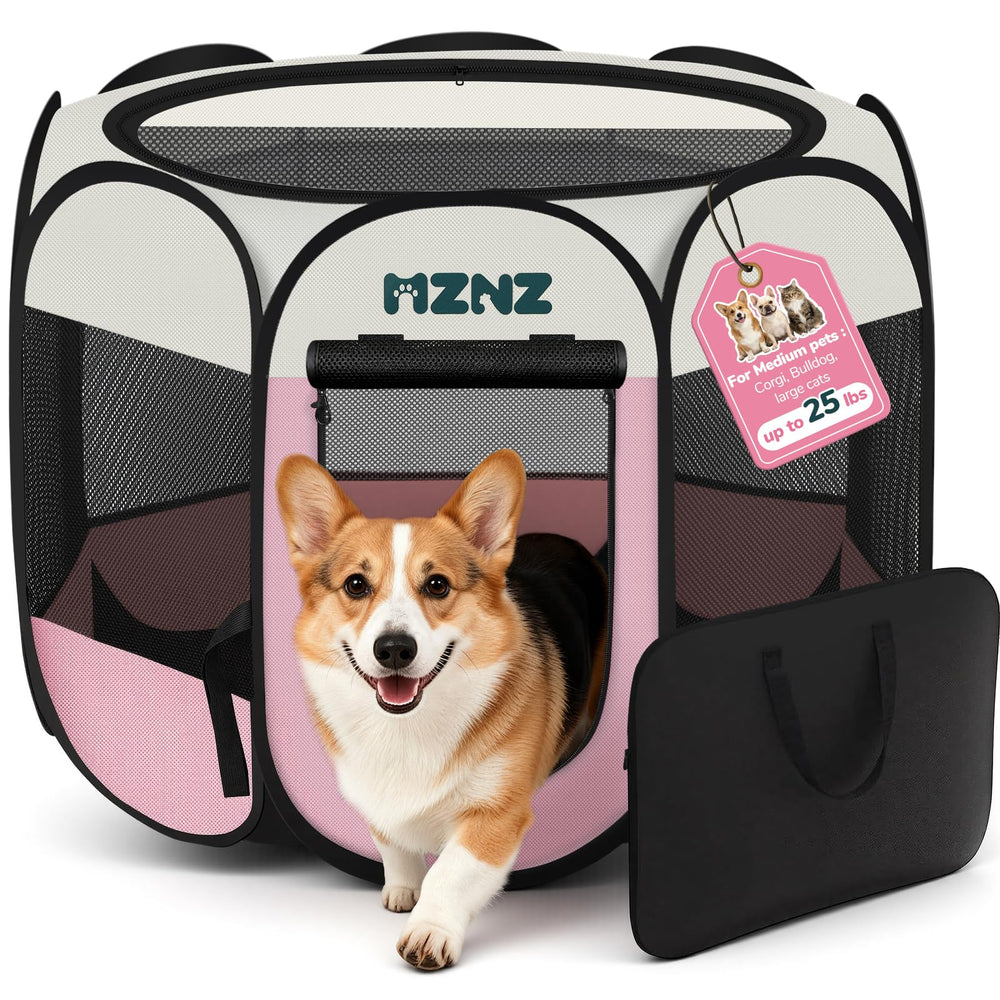 MZNZ Dog Playpen folded in pink for easy storage and travel