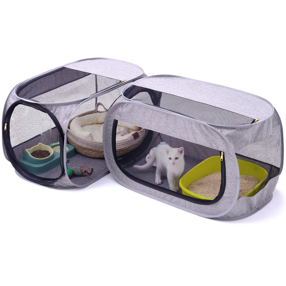 NAFU corner cat playpen with litter compartment shows space-saving indoor design.