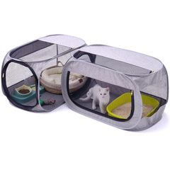 NAFU corner cat playpen with litter compartment shows space-saving indoor design.