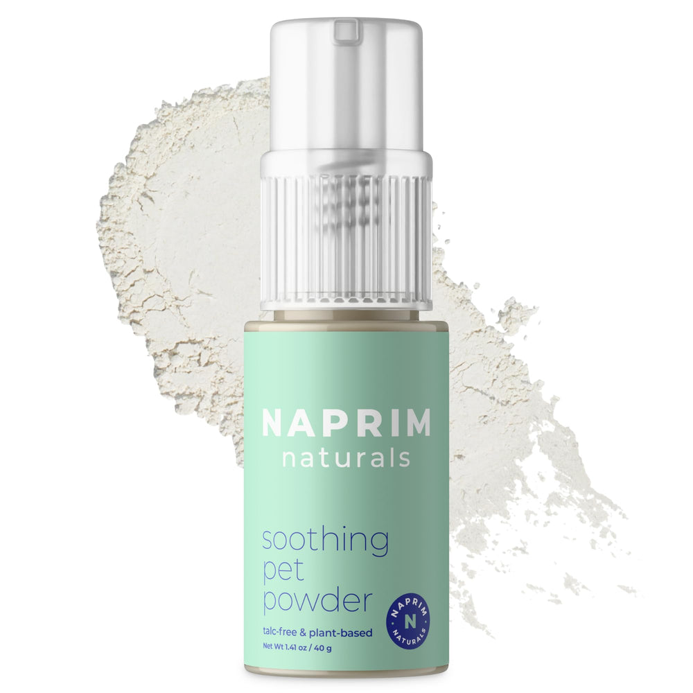 Naprim Naturals soothing pet powder container for gentle itch relief.