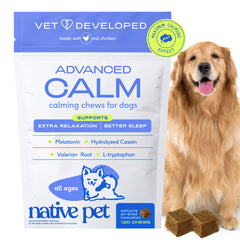 Native Pet Advanced Calming Chews bottle promotes calm in anxious dogs