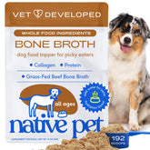 Native Pet beef bone broth powder tub boosts hydration and meal flavor for dogs and cats.