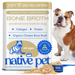 Native Pet bone broth powder bottle pour enhances meals with savory aroma.