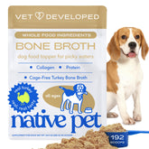 Native Pet turkey bone broth powder jar shows a protein-rich meal topper for pets