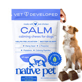 Native Pet Calming Chews bottle close-up showing calming support for dogs.