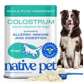 Native Pet Colostrum for Dogs powder tub highlights immune support and gut balance.