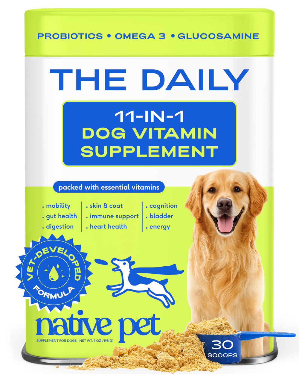 Native Pet daily dog vitamins bottle with 11-in-1 formula for overall wellness.