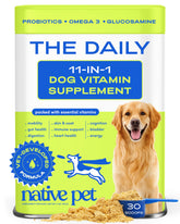 Native Pet daily dog vitamins bottle with 11-in-1 formula for overall wellness.
