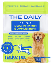 Native Pet bottle with scoop showing the 11-in-1 daily dog vitamins for vitality
