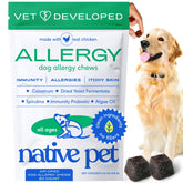 Native Pet Dog Allergy Chews packaging with branding and easy storage claim.