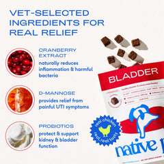 Ingredients chart highlights Cranberry Extract, D-Mannose, and Probiotics.
