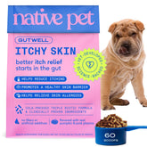 Native Pet GutWell Itchy Skin pellet closeup promoting skin hydration support.