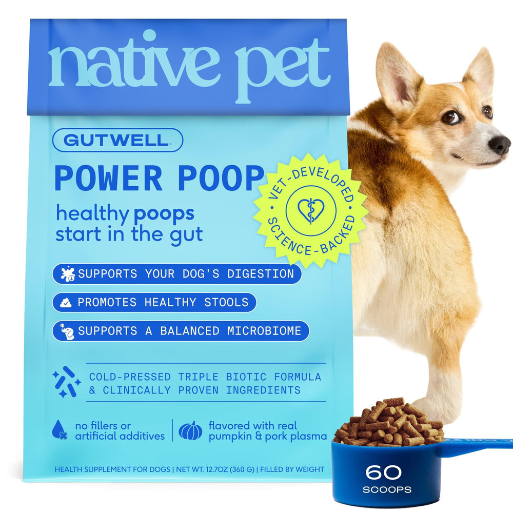 Native Pet GutWell Power Poop bottle pour showing easy daily dosing for dogs