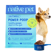 Native Pet GutWell Power Poop bottle top shows dog-friendly digestive support in a premium formula