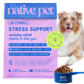 Native Pet GutWell Stress Support tub label highlighting a gut-first calming approach for dogs.