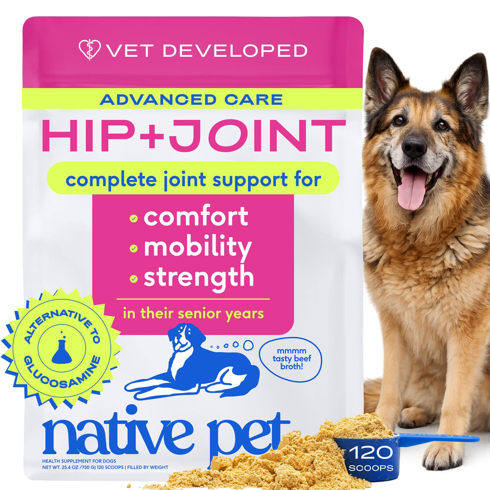 Native Pet Hip & Joint Advanced Care powder bottle supports mobility and joint comfort.