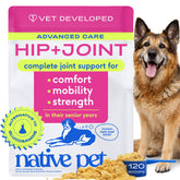 Native Pet Hip & Joint Advanced Care powder bottle supports mobility and joint comfort.