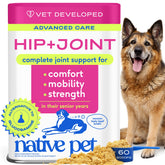 Native Pet Hip & Joint Advanced Care powder in a dog bowl supports flexible movement for aging dogs.