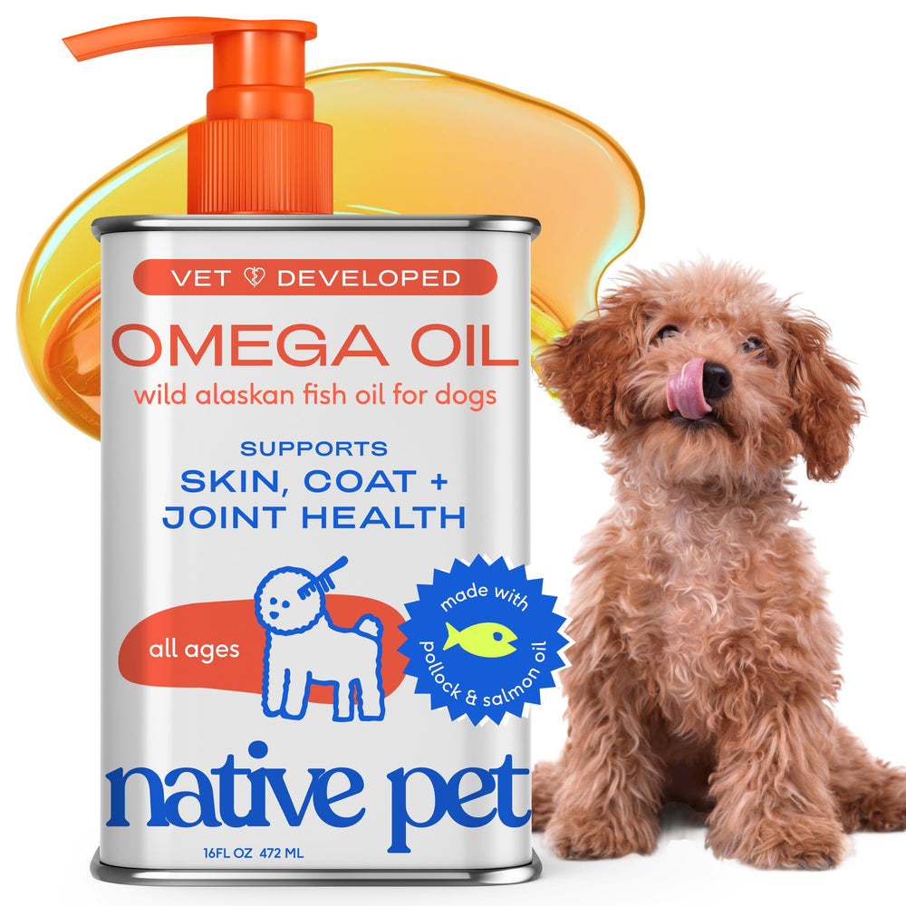 Native Pet Omega 3 bottle pour shows easy daily dosing for dogs and cats.