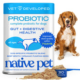 Native Pet Probiotics for Dogs powder in tub promotes daily gut balance.