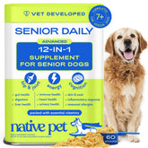 Native Pet Senior daily dog vitamins tub front for aging dogs' wellness boost.