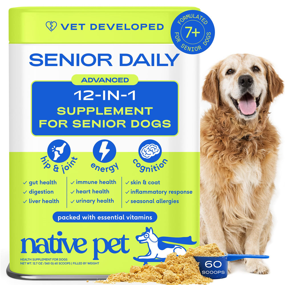 Native Pet senior vitamins bottle with 60 scoops for joint comfort and mobility.