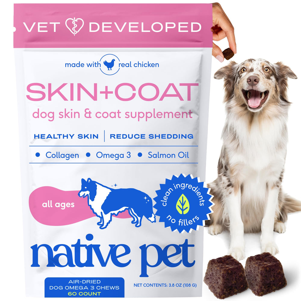 Native Pet Skin & Coat Chews bottle showing omega-3 benefits for a healthy coat.