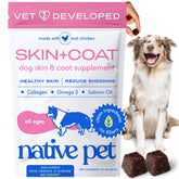 Native Pet Skin & Coat Chews bottle showing omega-3 benefits for a healthy coat.