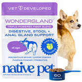 Native Pet WonderGland bottle on kitchen counter showing daily fiber topper for dogs