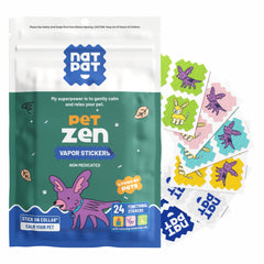 NATPAT Pet Zen Patch applied on dog's neck for calm behavior.