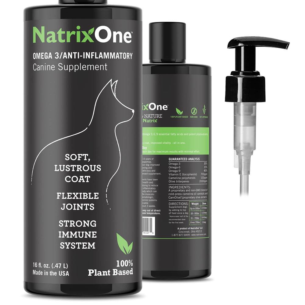 NatrixOne camelina oil for dogs bottle front view highlighting liquid supplement