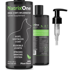 NatrixOne camelina oil for dogs bottle front view highlighting liquid supplement
