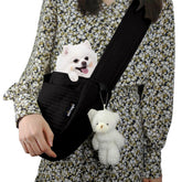NATUYA small dog carrier sling front view for easy hands-free strolls.