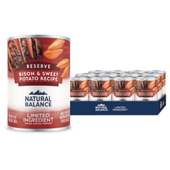 Natural Balance bison-sweet-potato wet dog food can, side view, 12-pack.