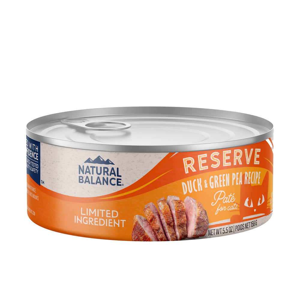 Natural Balance duck and green pea wet cat food can for adult cats, grain-free.