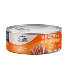 Natural Balance duck and green pea wet cat food can for adult cats, grain-free.