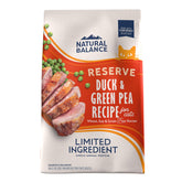 Natural Balance duck and green pea dry cat food bag, grain-free nutrition showcased