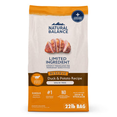 Natural Balance Duck & Potato Recipe kibble in a bowl supports digestive comfort