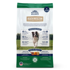 Natural Balance Health Protection lamb kibble with brown rice and pumpkin visible for fiber.