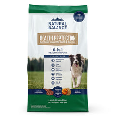 Natural Balance Health Protection lamb kibble close-up highlighting digestive support.