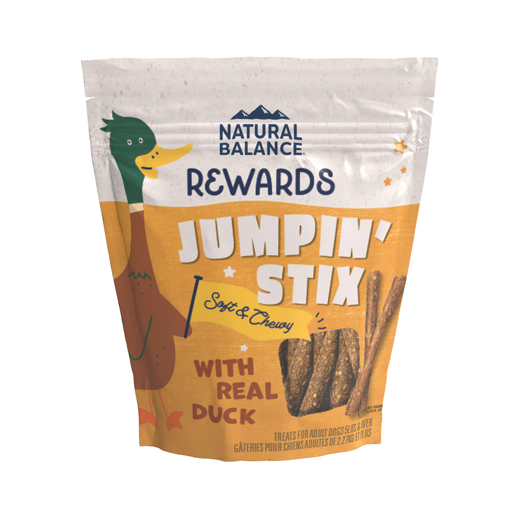 Natural Balance Jumpin' Stix duck recipe pack-10oz: grain-free dog treats for active adult dogs.