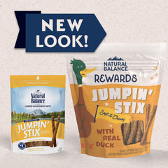 Natural Balance Jumpin' Stix ingredients panel: simple, premium components for transparent labeling.
