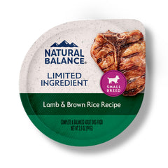 Natural Balance lamb-brown-rice wet dog food cup serving for small dogs, portion control