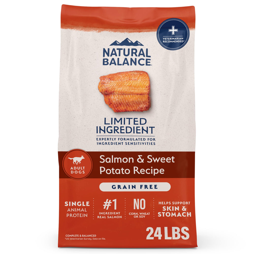 Natural Balance L.I.D. Salmon & Sweet Potato bag on shelf; premium limited-ingredient dog food.