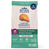 Natural Balance L.I.D. small breed chicken and sweet potato bag highlighting grain-free nutrition.